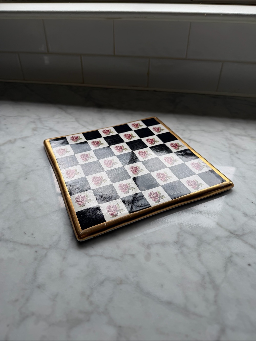 Retired MacKenzie-Childs Trivet Courtly Check Torquay Rose Handpainted Clay.